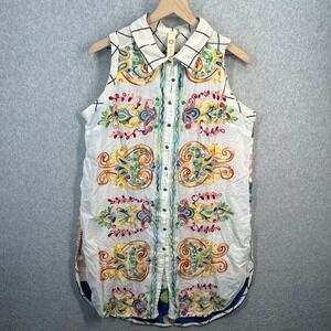 Cyrena Sleeveless Embroidered Floral Mixed Media Button Down Tunic Top White